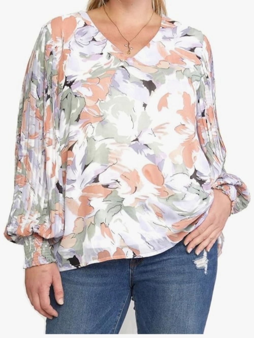 Entro Women's Floral Pleated Balloon Sleeve Blouse Top; Size S; Lined